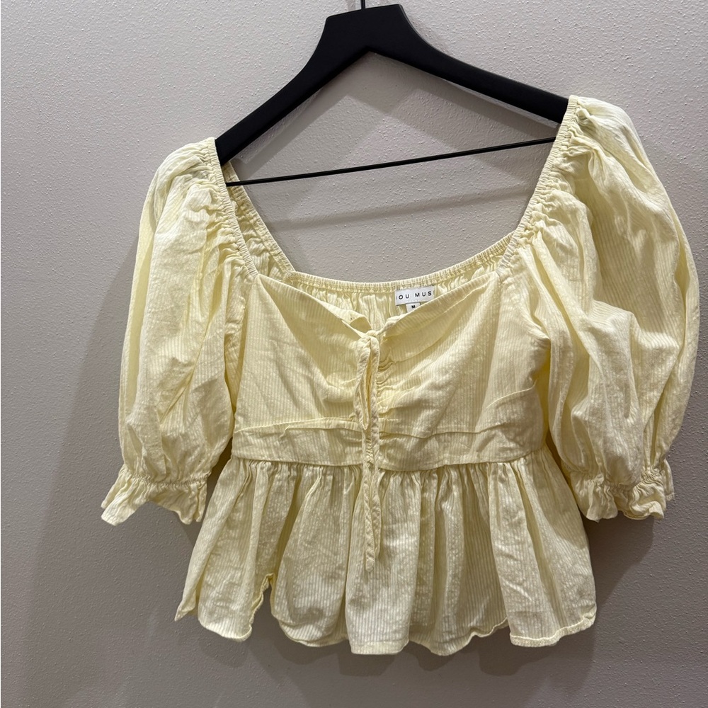 Miou Muse Light Yellow Blouse with Puff Sleeves